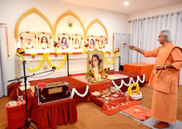 Swami Dhairyananda performs aarti before a special meditation at Yogoda Satsanga Sakha Ashram, Dwarahat.